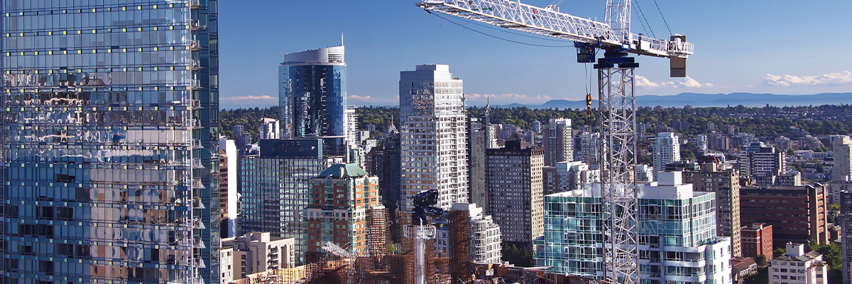 Buildings and tower crane